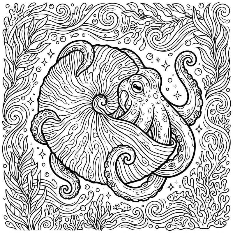 Explore the marvels of the deep with this captivating Paper Nautilus (Argonaut) coloring page, showcasing its elegant 'paper-thin' shell. Immerse yourself in a world of intricate ocean currents and marine flora, ready for your creative touch.