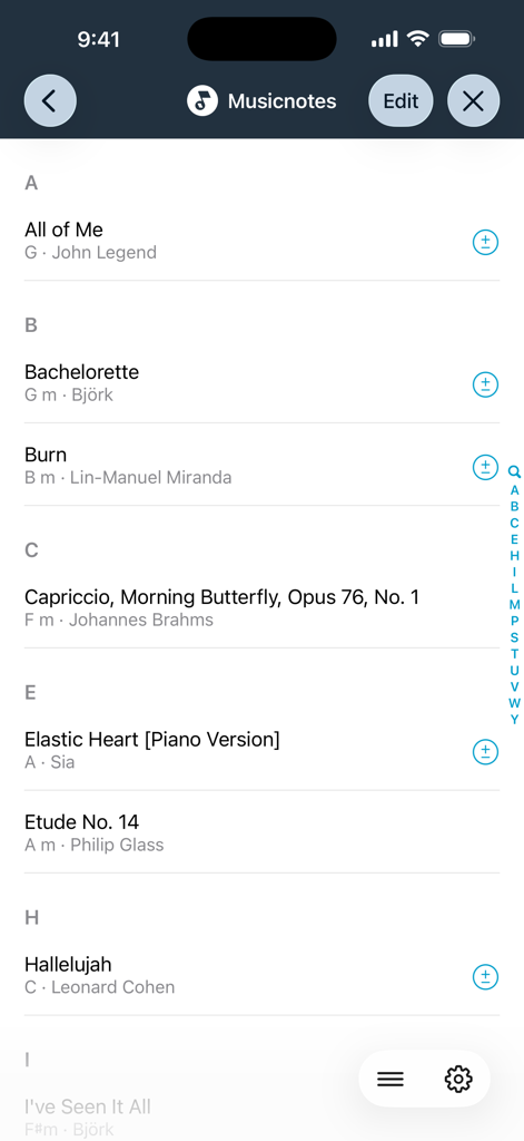 forScore - A digital sheet music library list in forScore showing songs from Musicnotes organized alphabetically by title.
