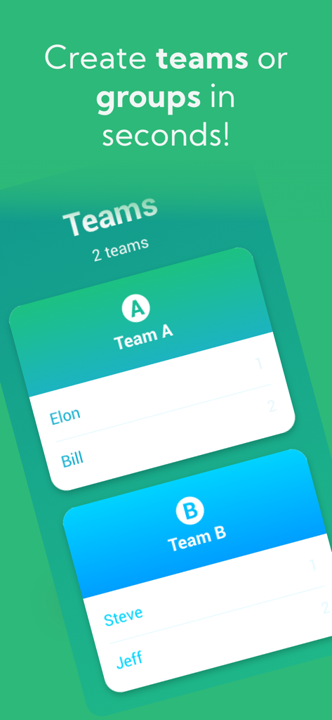 Easy Raffleアプリのインターフェース。ランダムに生成されたチームAとチームBが表示されています。