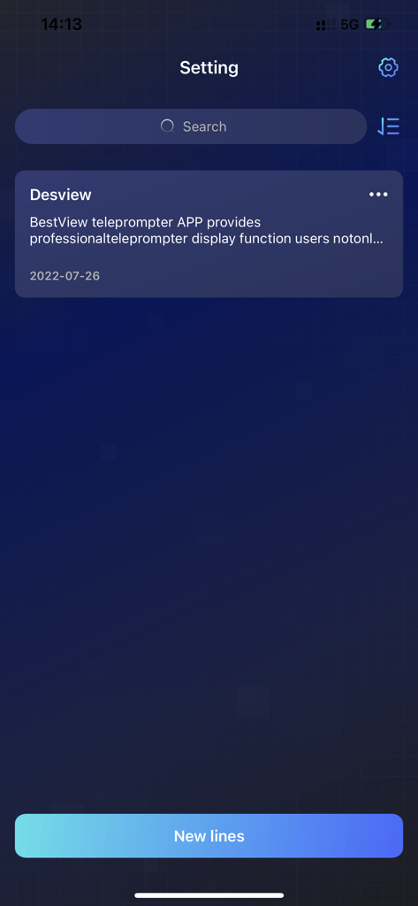 Desview - Interfaccia di gestione script dell'app teleprompter Desview che mostra un elenco di script salvati e una barra di ricerca.