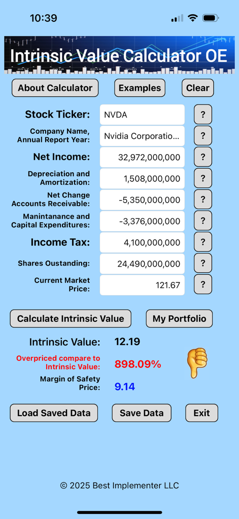 Intrinsic Value Calculator OE - Pantalla de la aplicación móvil Calculadora de Valor Intrínseco OE que muestra la entrada de datos de acciones y un resultado de valoración para las acciones de NVDA