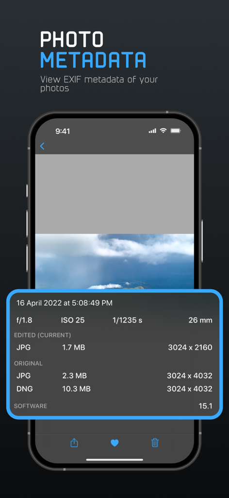Uno screenshot dell'app ProCam che visualizza metadati EXIF dettagliati per una foto, inclusi ISO, velocità dell'otturatore e formati di file