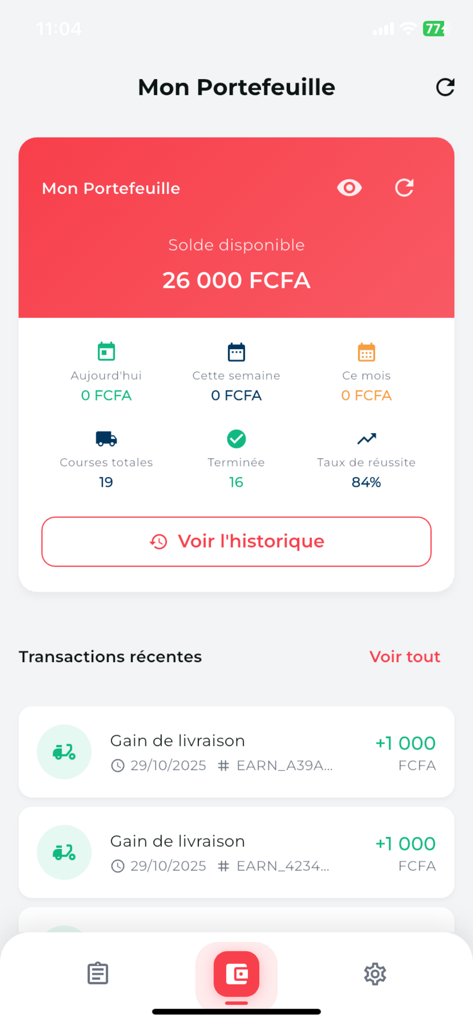 Yoni Deliver - Interfaccia dell'app Yoni Deliver che mostra il saldo del portafoglio e le statistiche sui guadagni delle consegne recenti.