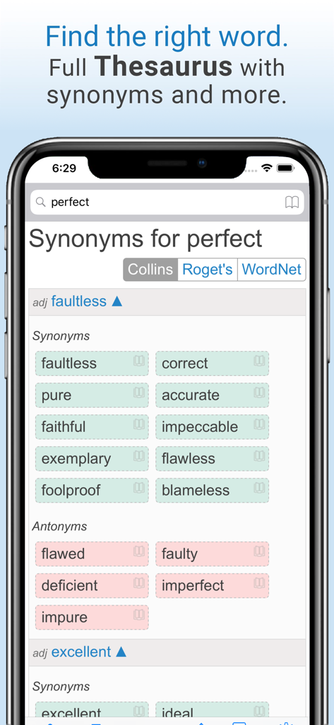 Dictionary. - The thesaurus feature of the Dictionary app showing synonyms and antonyms for the word perfect.