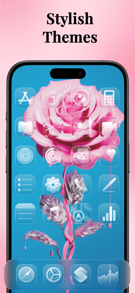 iPhone screen displaying a stylish pink rose theme with translucent app icons.