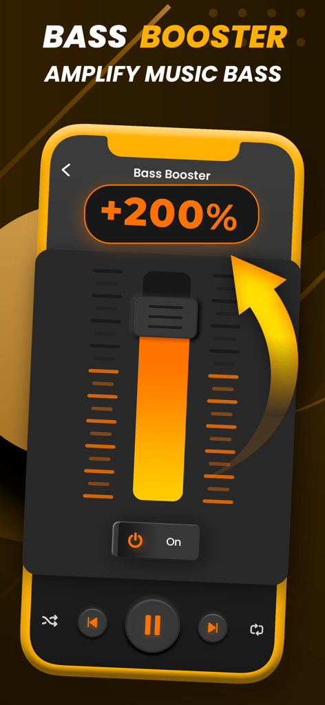 Equalizer Fx : Volume Booster - Equalizer Fx app interface showing bass booster at 200 percent for music amplification