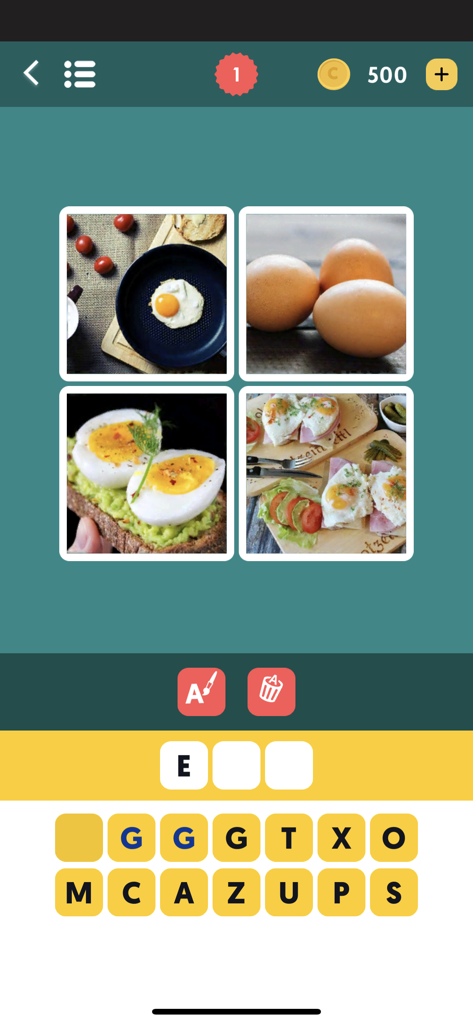 Mobile word puzzle game screen displaying four different images of eggs to solve for a three letter word