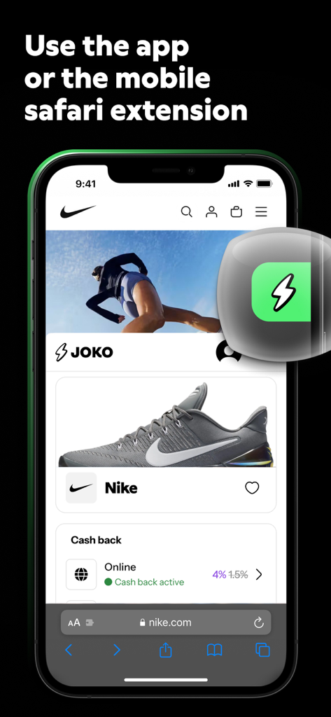 Joko | Cash back & discounts - iPhone screen showing the Joko Safari extension with active cashback on the Nike mobile website.