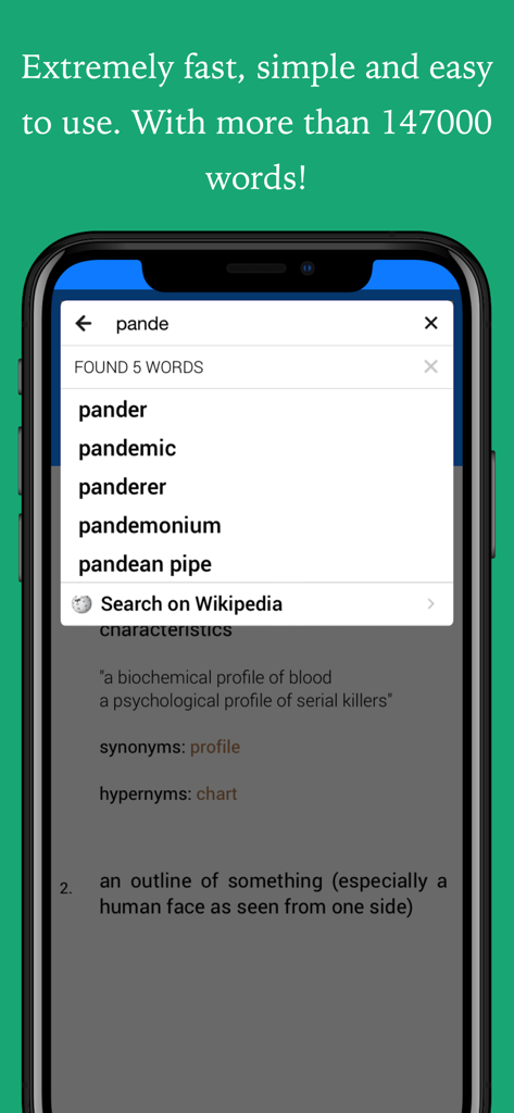 English dictionary app interface showing word search suggestions for pande and wikipedia integration