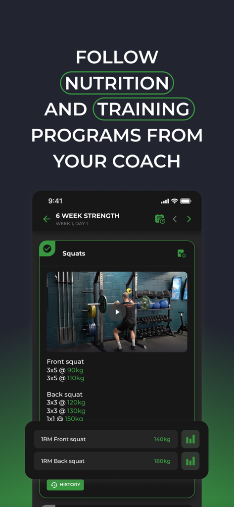 FITR Client App interface displaying a strength training program with video demonstration for squats and workout logging details.