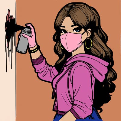 realistic girl with mask spray painting a wall