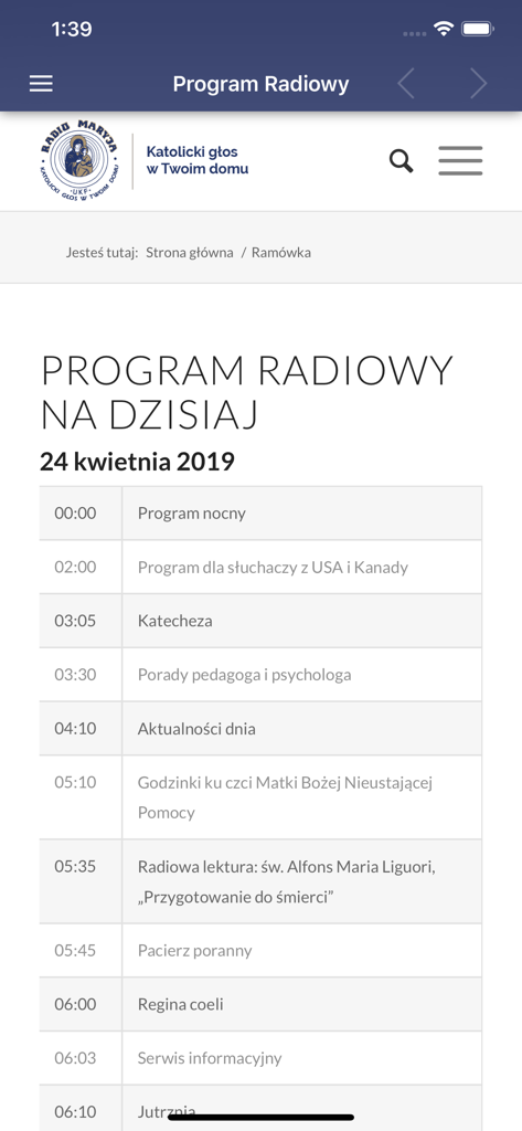 Radio Maryja - Radio Maryja app screen showing the daily radio program schedule in Polish.