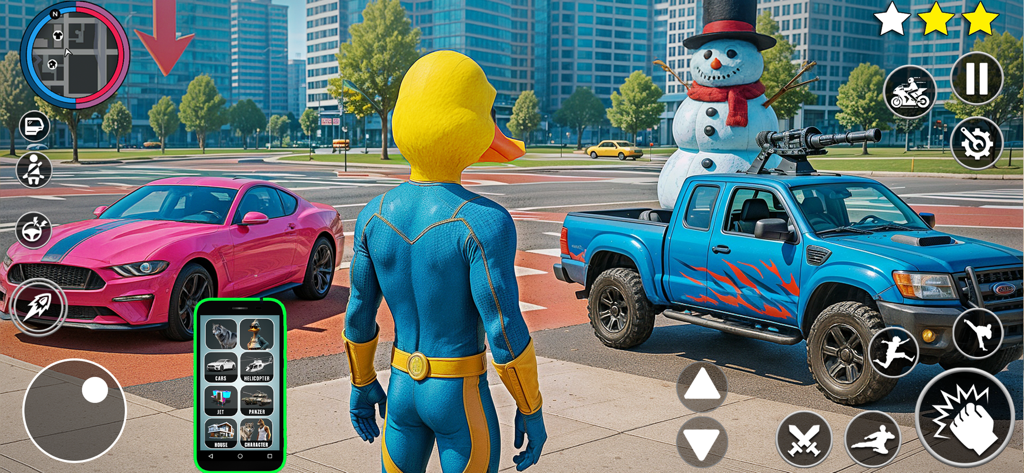Duck Life In The City - Duck character in a superhero suit standing in a city street with cars and a giant snowman