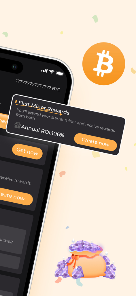 BitBoost mobile app interface showing first miner rewards and annual ROI percentage