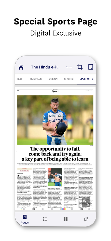 A screenshot of The Hindu ePaper app showing a digital exclusive special sports page with an article about a cricketer.