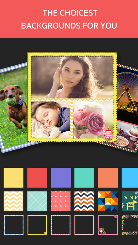 Photo Frame Editor – Pic Collage Maker Free - Interface showing different background patterns and frame choices for a photo collage.