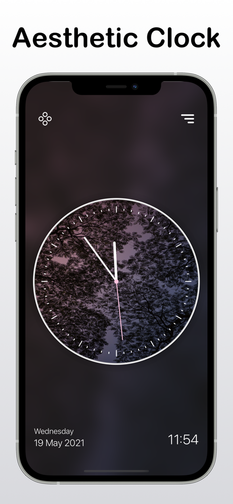 Analog Clock - Desk Widget - An iPhone screen displaying a full screen aesthetic analog clock with a nature themed background
