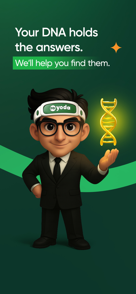 Mr. Yoda - Cartoon character of Mr. Yoda holding a glowing golden DNA helix promoting genetic health answers.