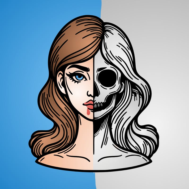 bust of a woman, half face and hair, half skull