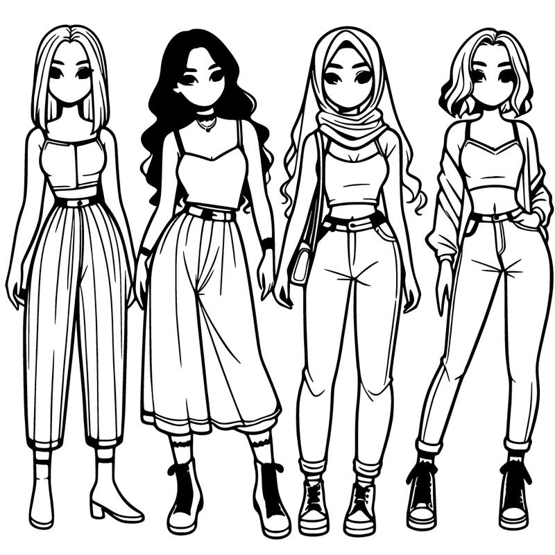 four girls with fashionable clothes standing next to each other
