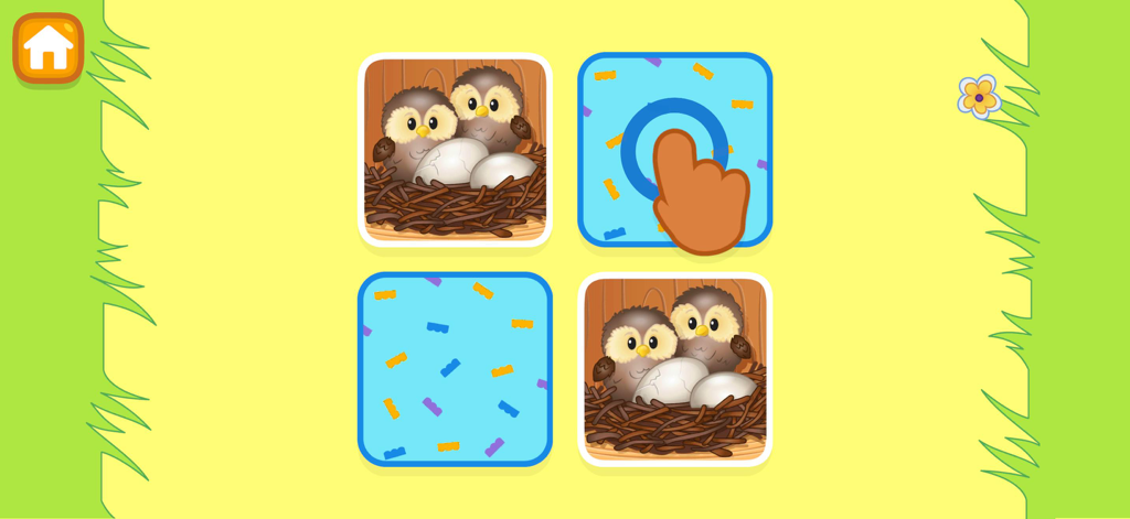 A memory card matching game featuring owl illustrations in the Fisher-Price Play and Learn app