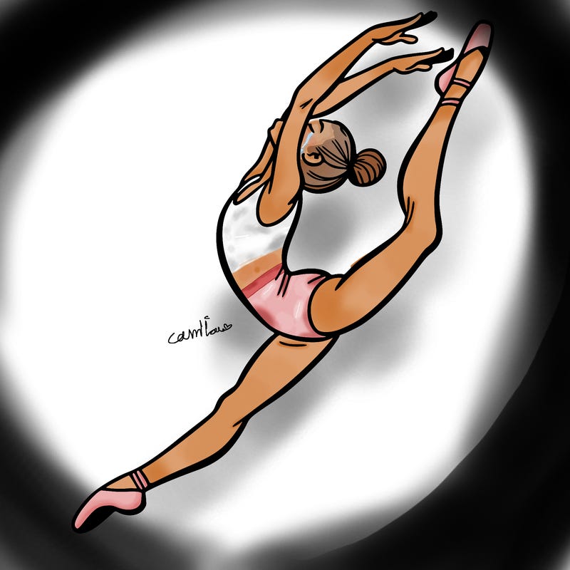 gymnast doing a leap in a leotard with a bent back leg