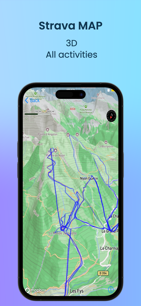 Strava Heatmap 3D workout map - 山の風景の上に青いStravaアクティビティトラックを示す3D地形図。