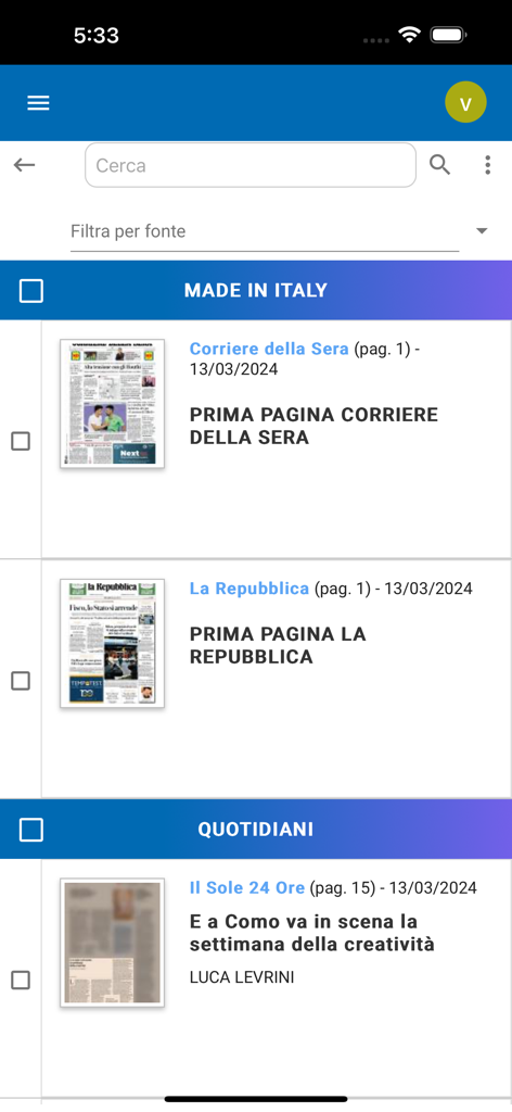 MyVP - A mobile screen from the MyVP app displaying a list of digital newspaper clippings for media monitoring