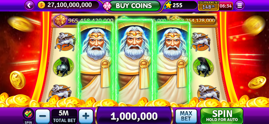 Tycoon Casino Vegas Slots gameplay with Zeus themed reels and gold coins
