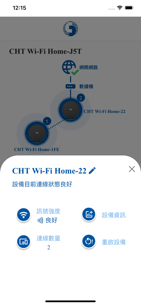 Graphical interface of Chunghwa Telecom Home Wi-Fi app showing mesh network topology and device connection status