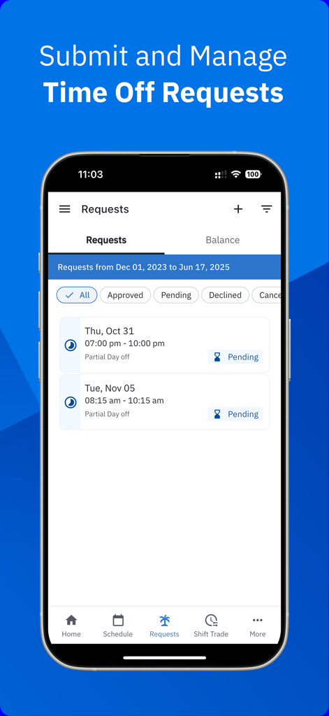 Workcloud Shift app screen for submitting and managing time off requests