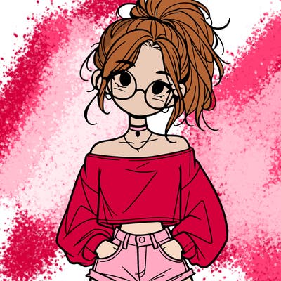 girl with a messy ponytail glasses a baggy crop top and jean shorts