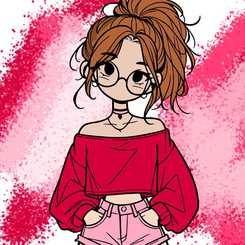 girl with a messy ponytail glasses a baggy crop top and jean shorts