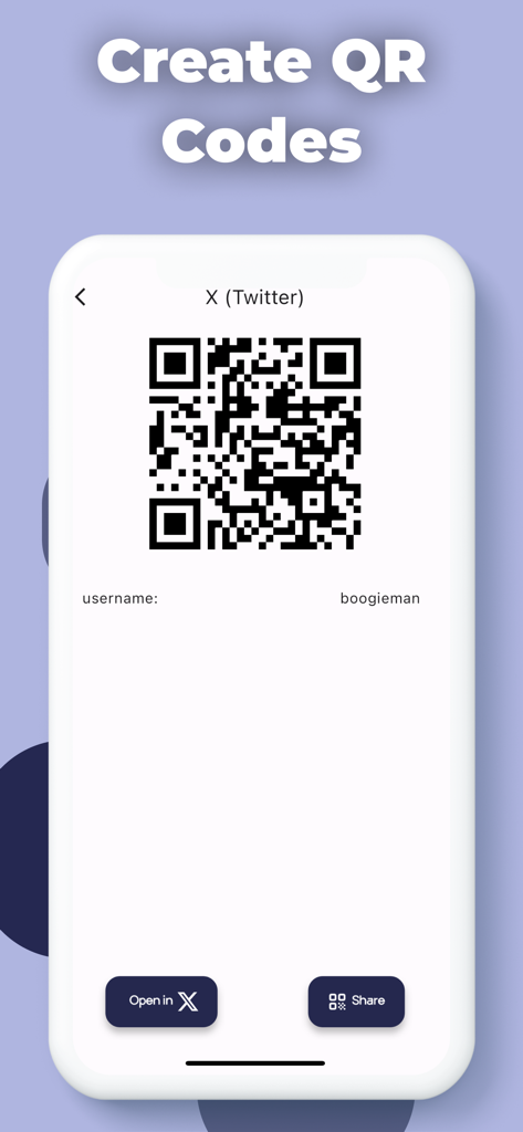 QR Code Reader App - ScanQR - Interfaccia per la creazione di codici QR personalizzati per profili X (Twitter) nell'app ScanQR
