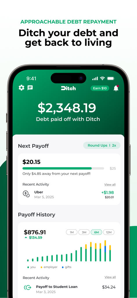 Ditch app dashboard showing total debt paid off and progress towards the next automated payoff