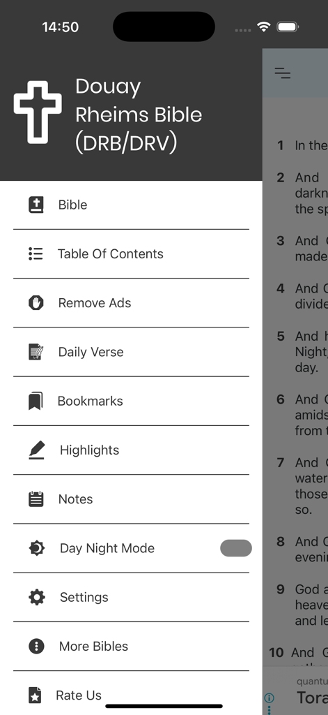 Douay Rheims Bible (DRB/DRV) - Navigation menu of the Douay Rheims Bible app showing study tools and settings