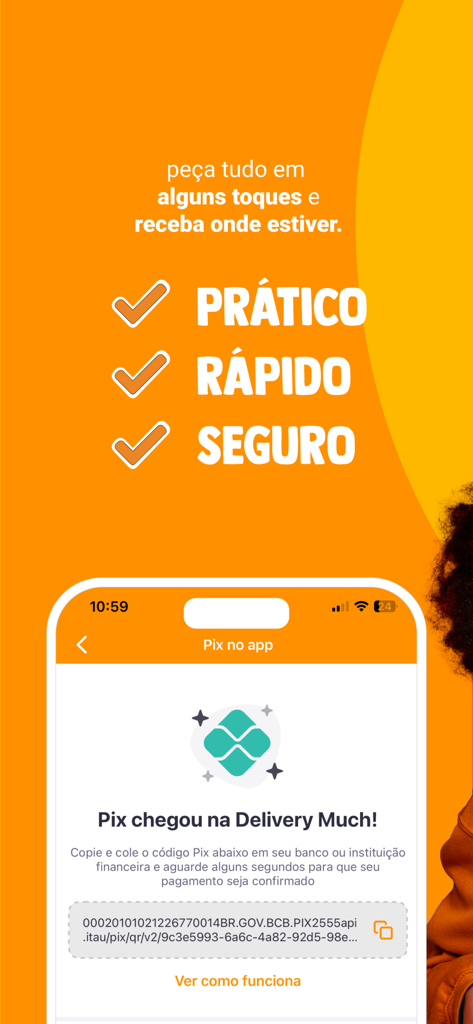 Delivery Much アプリのインターフェース。Pix 支払いオプションと、迅速で安全なデリバリーなどのサービス特典が表示されています。