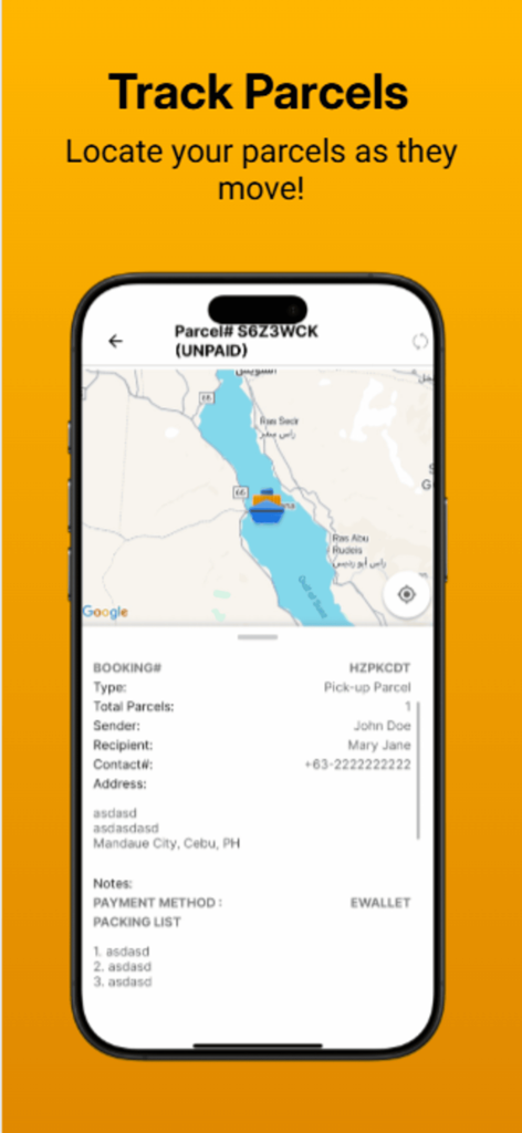 Aplicación móvil Alin Cargo Express que muestra el seguimiento de paquetes de carga marítima en tiempo real en un mapa.