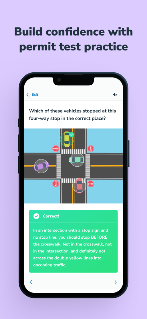 Aceable App-Oberfläche zeigt eine Übungsfrage für die Fahrerlaubnisprüfung zu vierseitigen Stopps mit Erklärung der richtigen Antwort