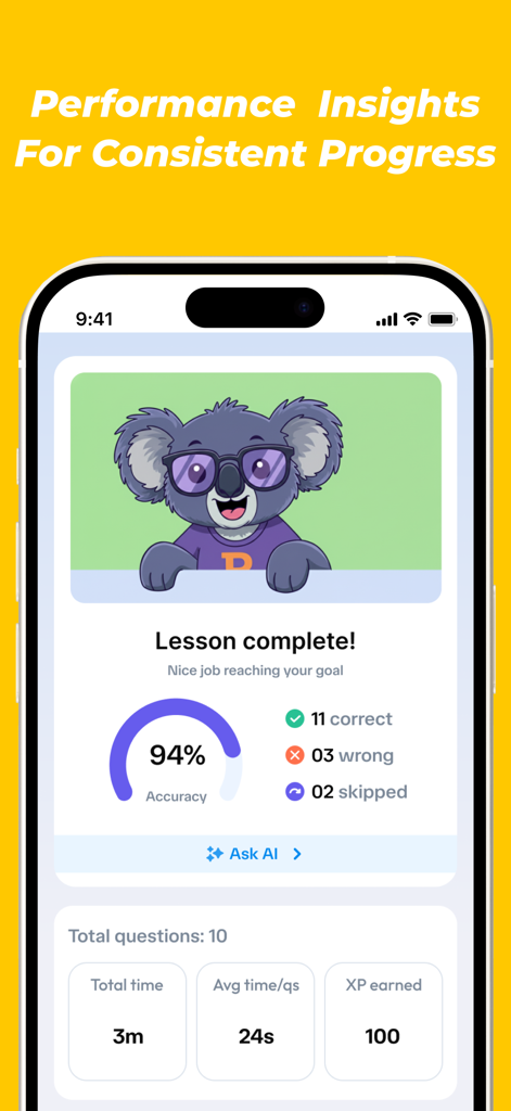 PrepAiro: UPSC CSE Prep 2026 - PrepAiro app lesson completion screen showing 94 percent accuracy and performance analytics with a koala mascot