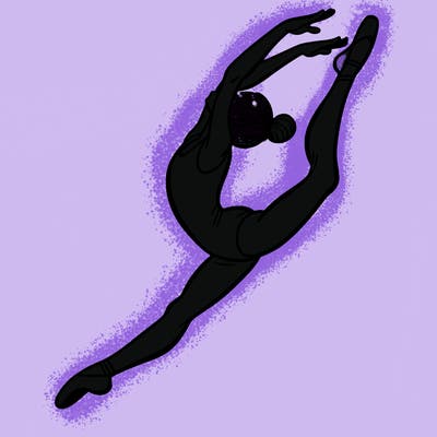 gymnast doing a leap in a leotard with a bent back leg