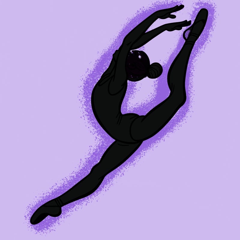gymnast doing a leap in a leotard with a bent back leg