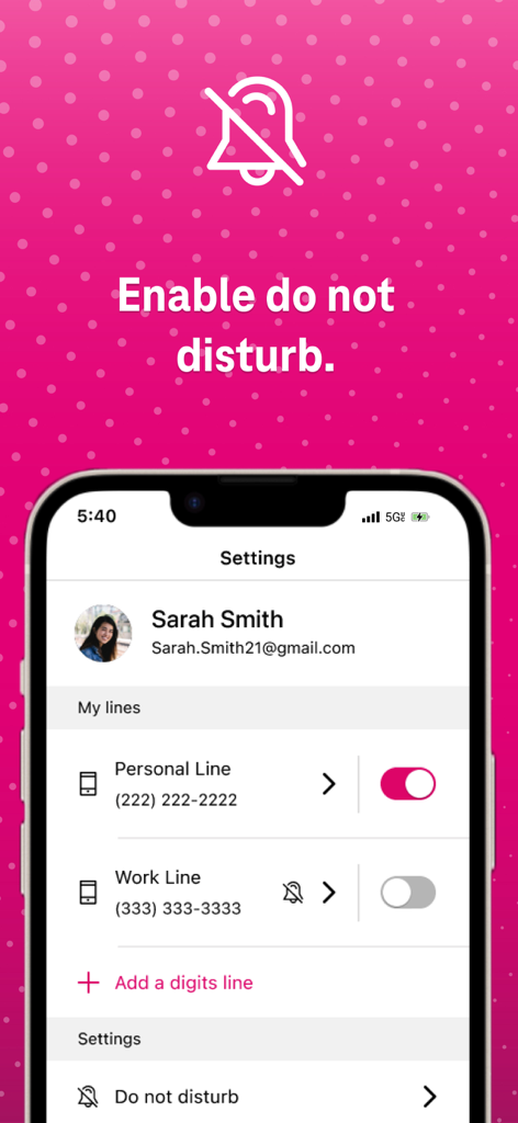 T-Mobile DIGITS - A phone screen showing the T-Mobile DIGITS app settings with options to enable do not disturb and toggle between personal and work lines