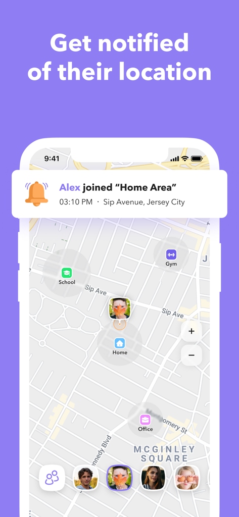 My Geo — find friends & family - My Geo app screenshot showing a map with geofence zones and a notification alert for a family member arriving home