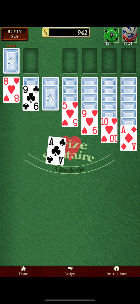 Astraware Casino - Gameplay screen of Prize Solitaire within the Astraware Casino mobile app showing a card layout on a green felt table.