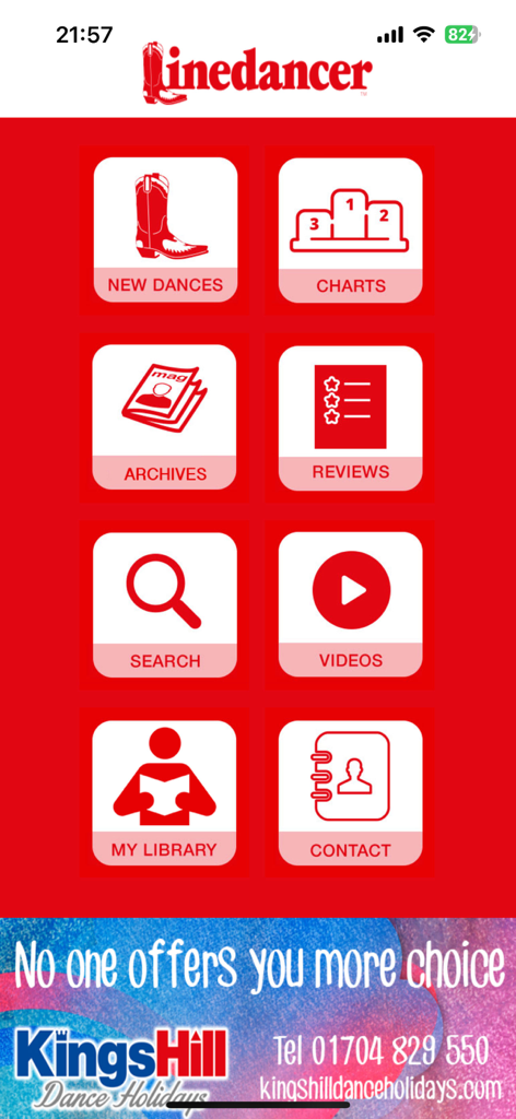 Linedancer - The home screen of the Linedancer app featuring a grid of icons for new dances charts archives reviews and videos.