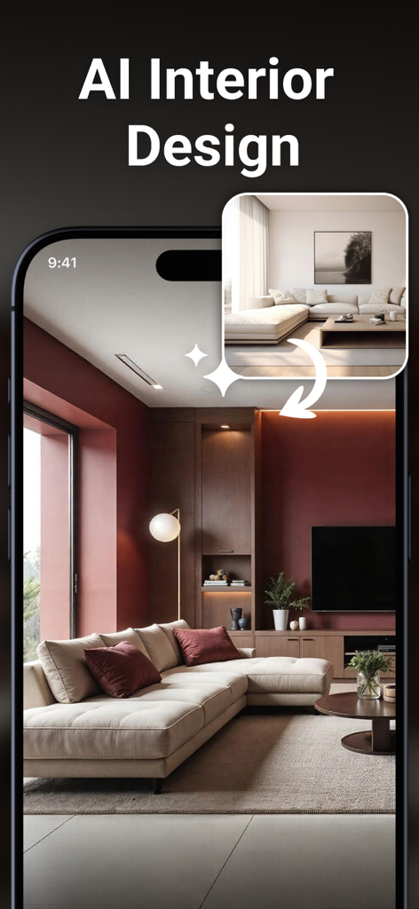 Mobile app interface showing an AI-powered living room transformation from one design style to another