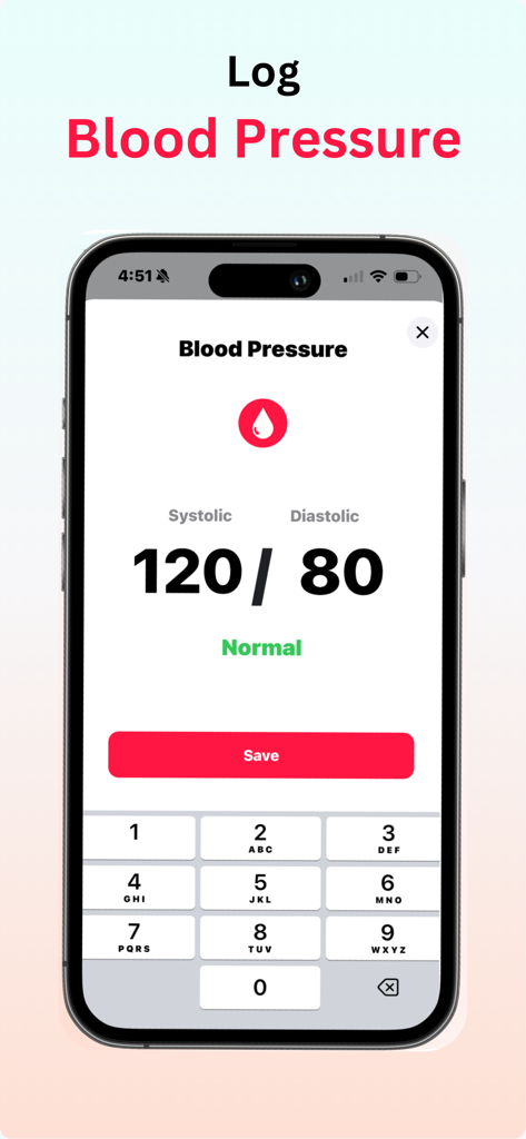 Pulse Tracker - Heart Rate - Interface of the Pulse Tracker app showing a blood pressure log with a normal reading of 120 over 80.