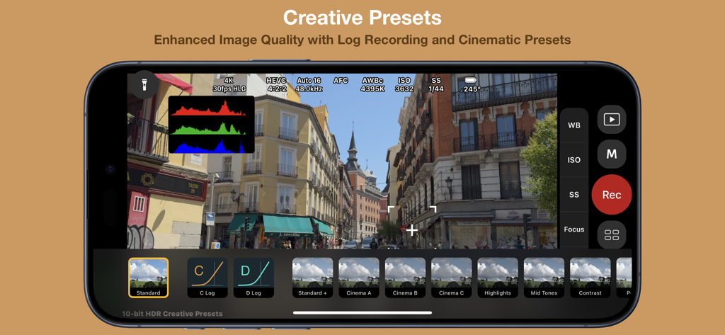 Cinema P3 Pro Camera - Professional video recording interface of Cinema P3 Pro Camera showing cinematic presets and log options.