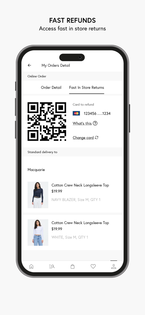 Glassons - Glassons app interface showing a QR code for fast in store returns and order refund details